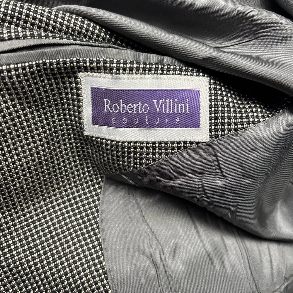 Roberto Villini Couture Mens 42 Wool Silk Blazer Grey Black Micro Check Italy
